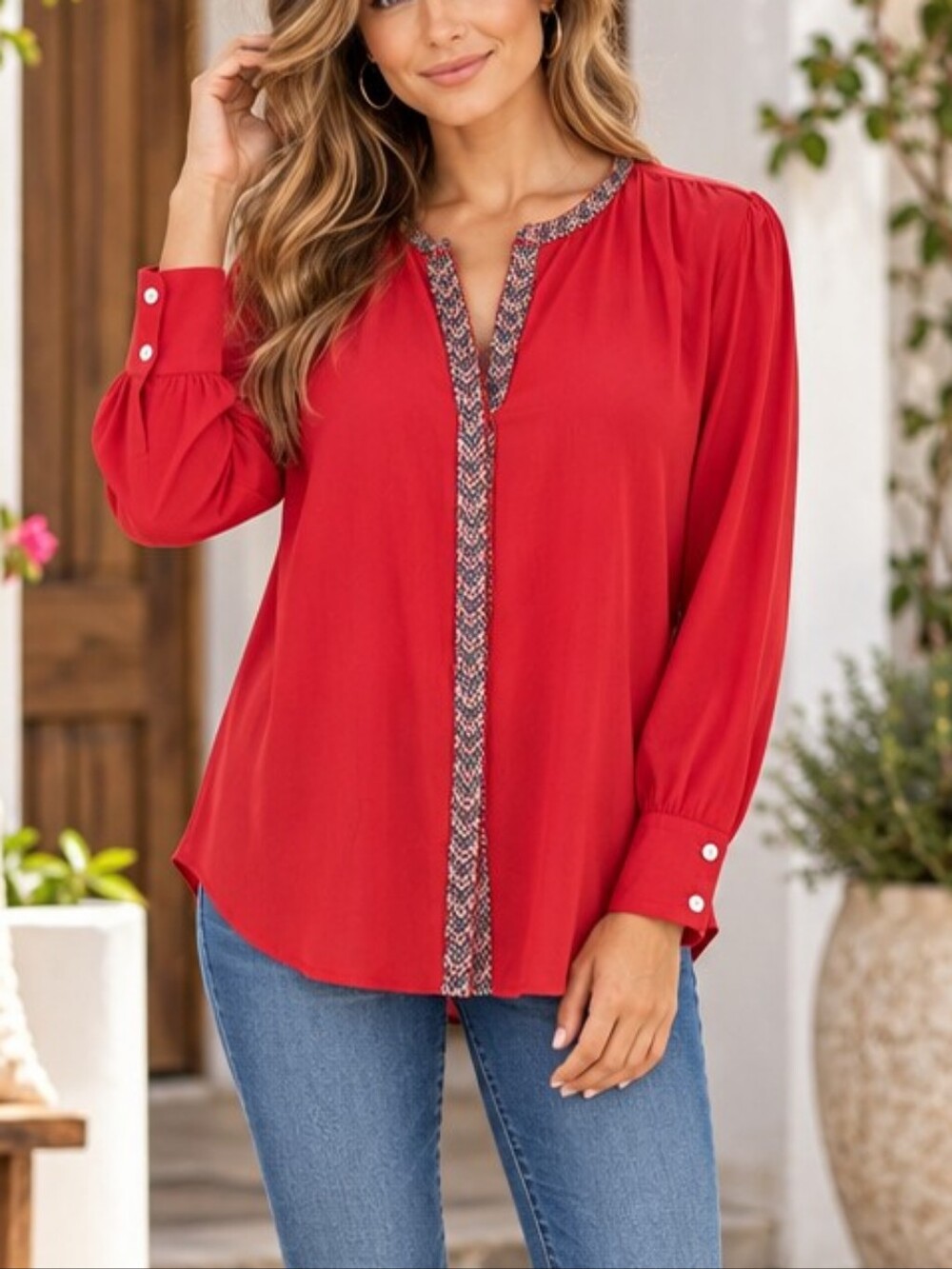 MNG Red Embroidered-Trim Tunic Top – Size Large